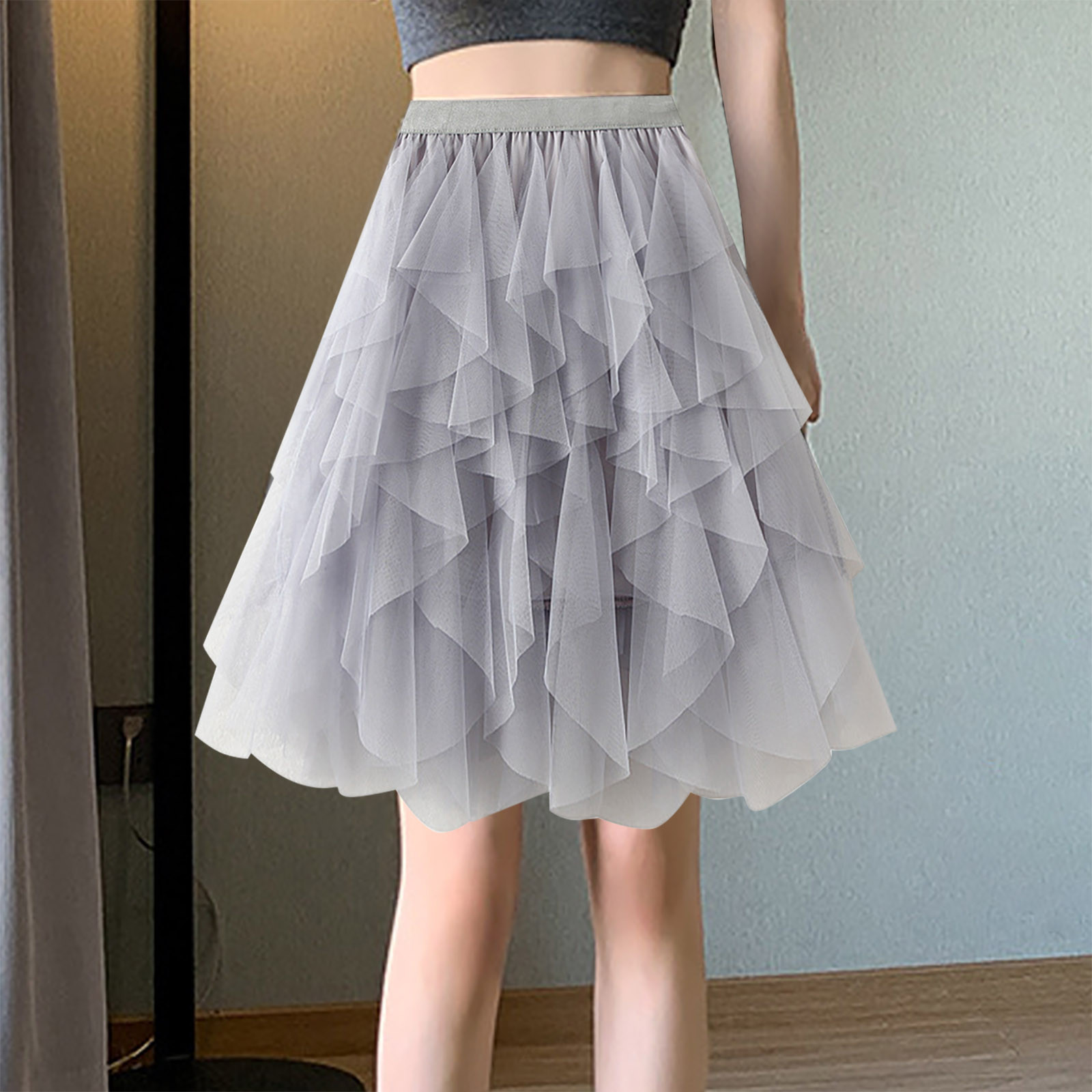 thumbnail image 2 of Falda tutú de tul hasta la rodilla para mujer, con capas, para fiesta de graduación, con fajín desmontable, 2 of 8